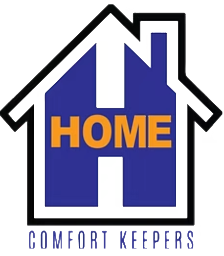 Logo: House shape with "HOME" in orange, blue background, "Comfort Keepers" below.