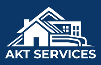 AKT Services logo with white house and building icon on a blue background