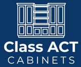 Class ACT Cabinets logo in white on a blue background, with a cabinet illustration above the text