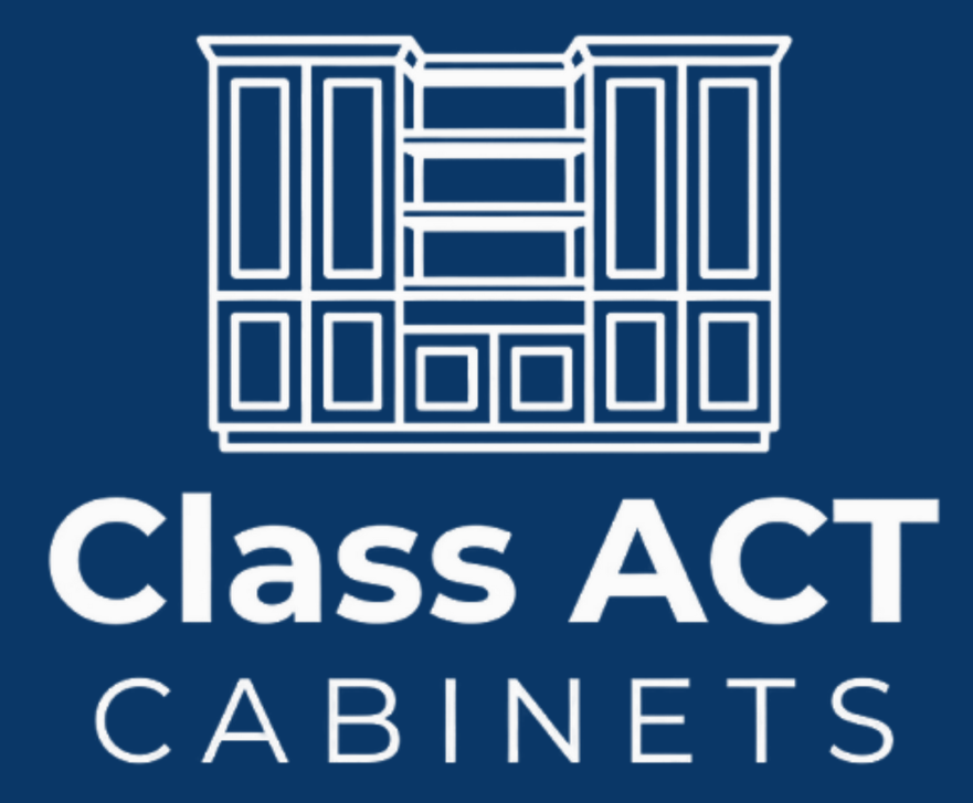 Class ACT Cabinets logo in white on a blue background, with a cabinet illustration above the text