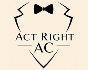 Black tuxedo logo with bow tie and the words “Act Right AC” on a cream background