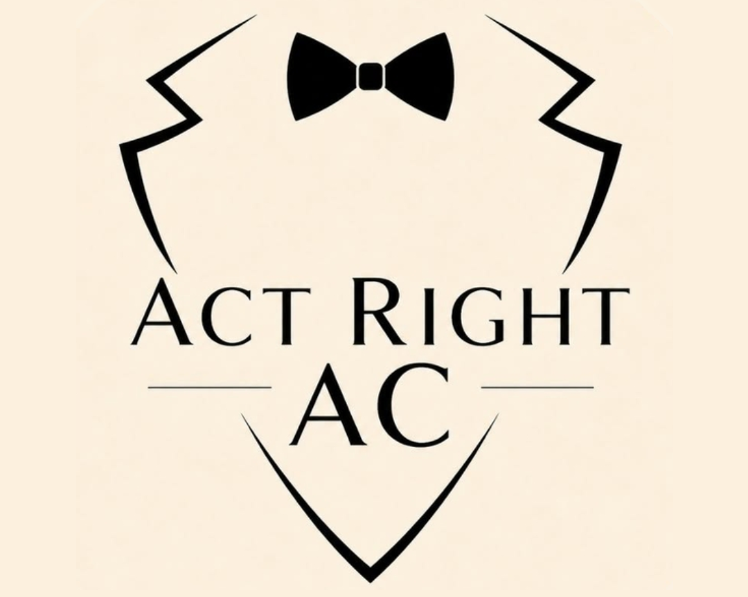 Black tuxedo logo with bow tie and the words “Act Right AC” on a cream background