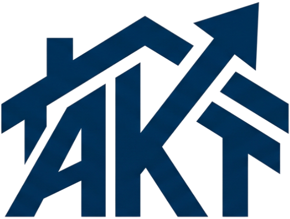 Blue stylized “AKT” logo with upward arrows integrated into the letters