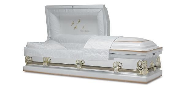 White casket, open, with soft white interior and gold-colored accents.
