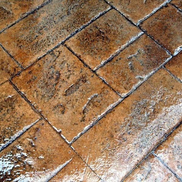 Close-up of wet orange-brown brick pavers with diagonal mortar lines and dark grout.