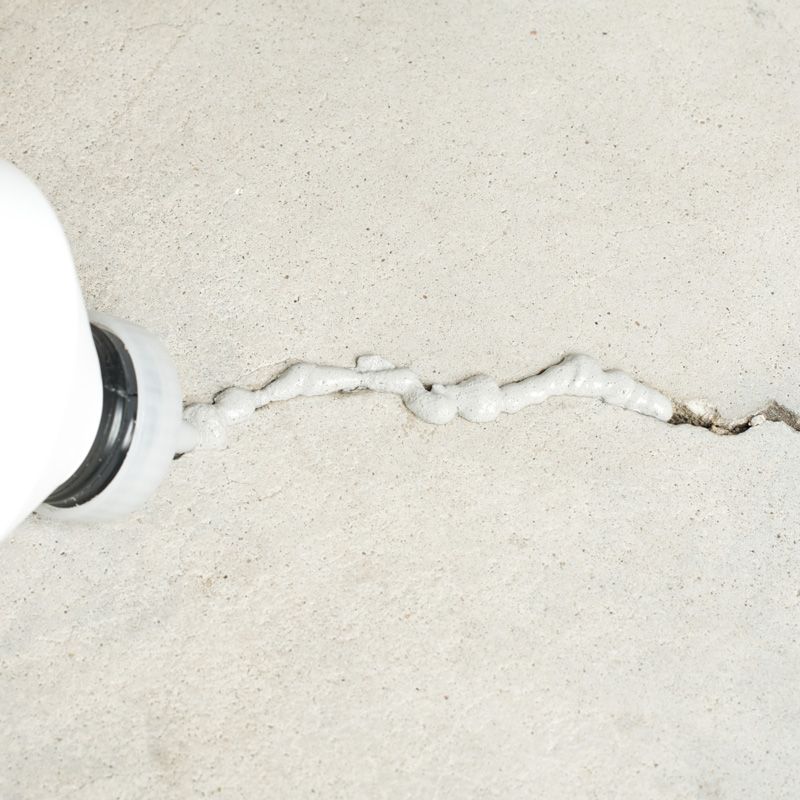 Close-up of a white caulk tube applying sealant along a crack in a light concrete surface.