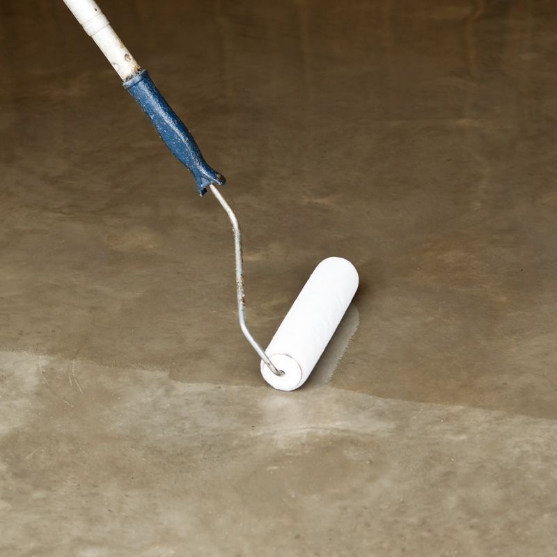 Paint roller painting a smooth floor with white paint