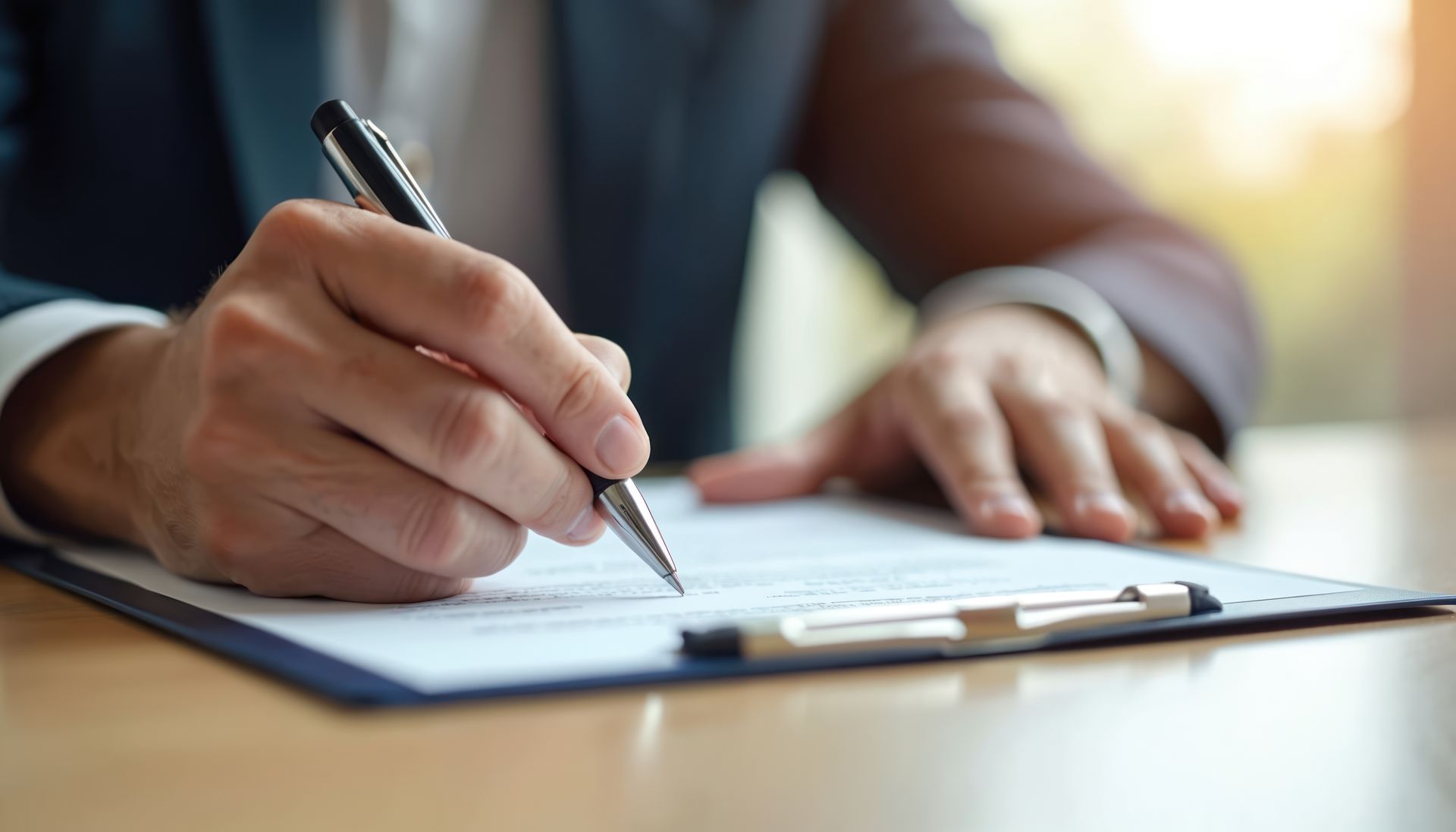 Person in suit writes on paper with a pen at a desk.