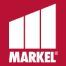 A red background with a white logo for a company called markel.