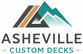 Logo for Asheville Custom Decks: geometric mountains with teal, gray, and gold above the company name.