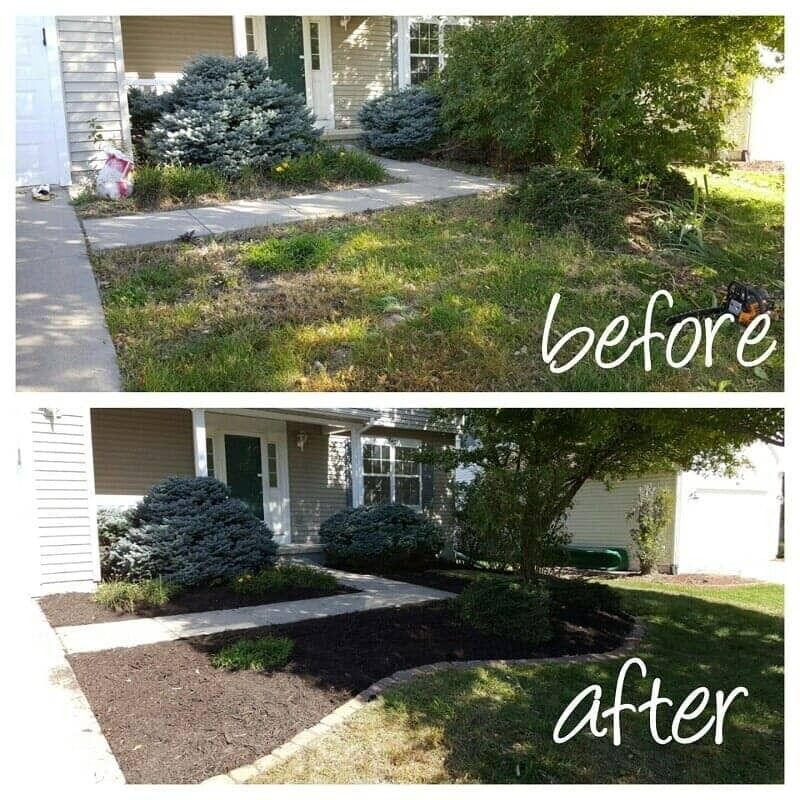 Before-and-after of a front yard landscaping makeover with mulch and trimmed shrubs