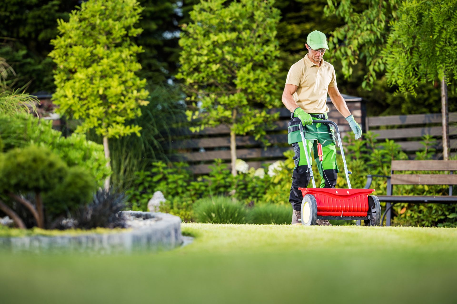Professional gardener spreading lawn seed with a broadcast spreader during lawn maintenance.