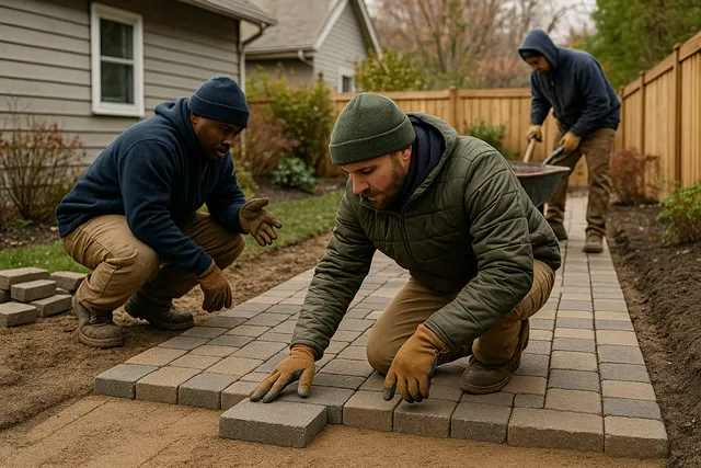 Three workers laying gray pavers on a backyard walkway beside a house