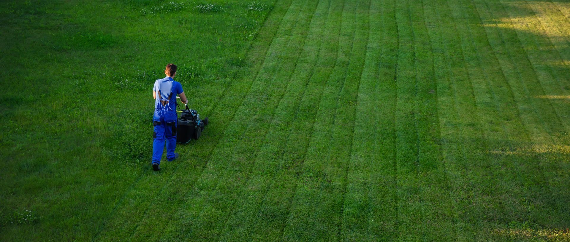 Person mowing large green lawn with striped pattern.