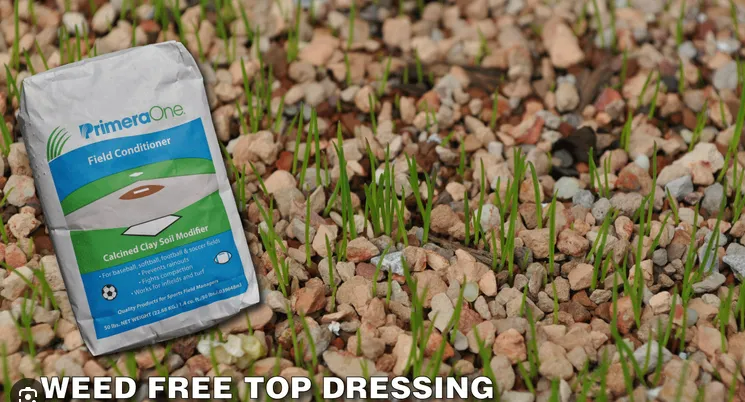 Blue gardening product bag on gravel beside sprouting green grass, labeled “Weed Free Top Dressing.”