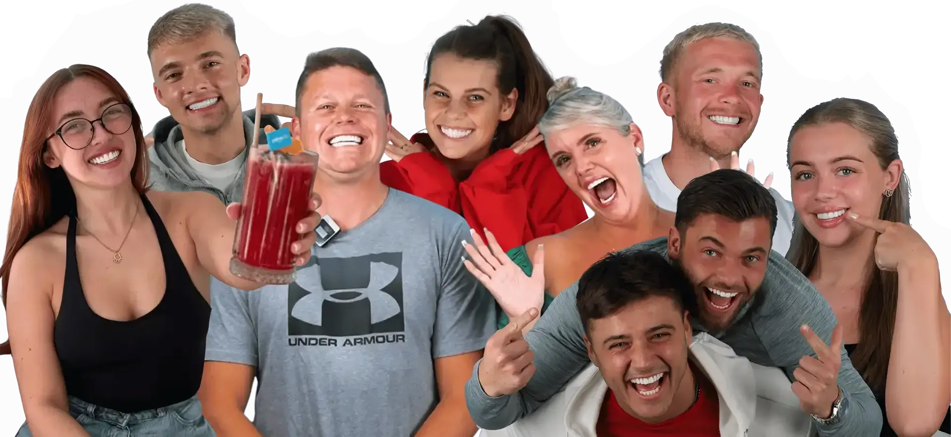 Group of diverse people smiling at the camera, holding a red drink. White background.