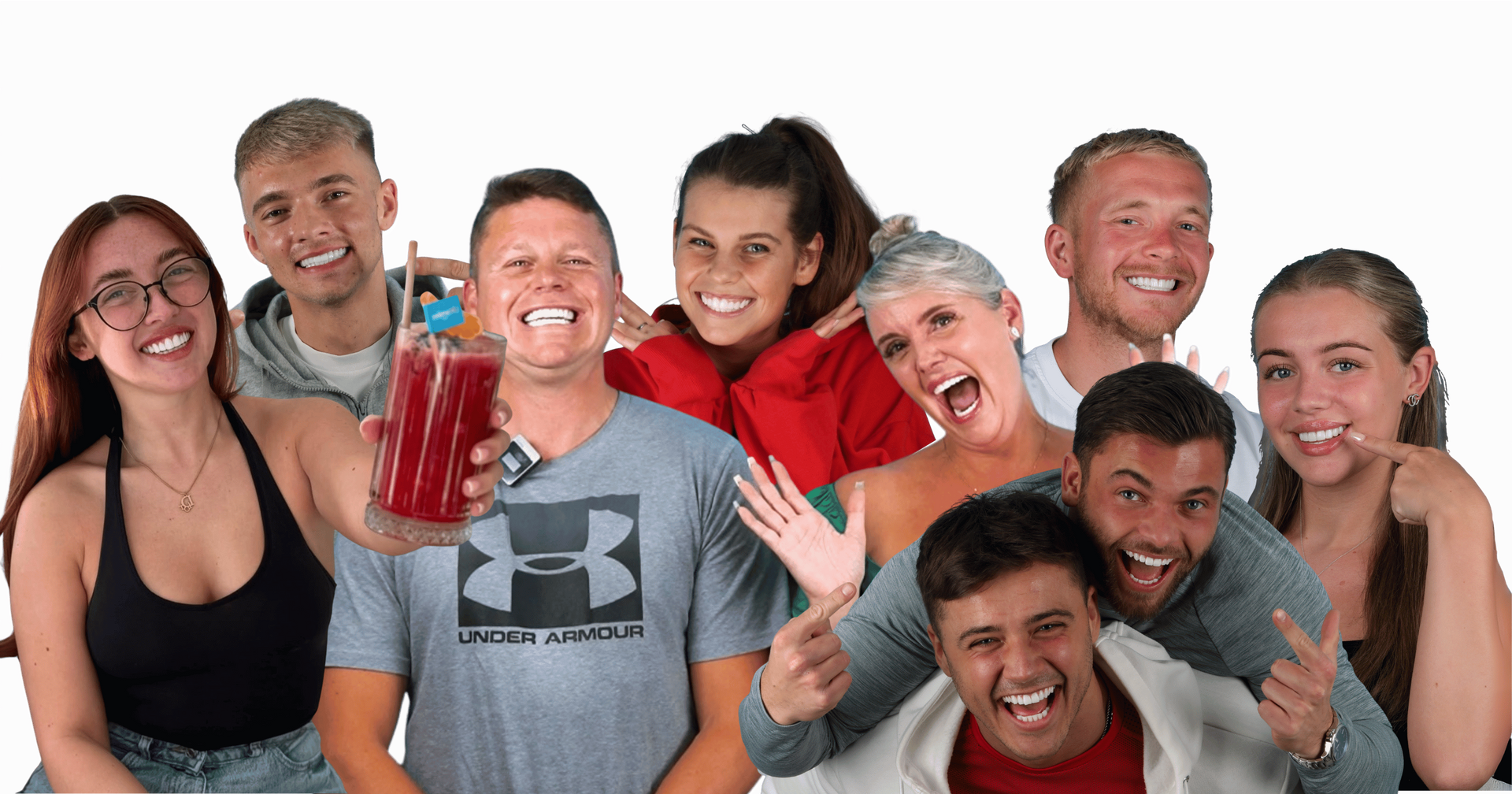 Group of people smiling, holding a bottle of red liquid, white background.