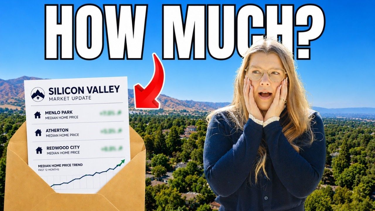 Blonde woman gasps beside a Silicon Valley sign with a red arrow pointing to a scenic hillside valley backdrop