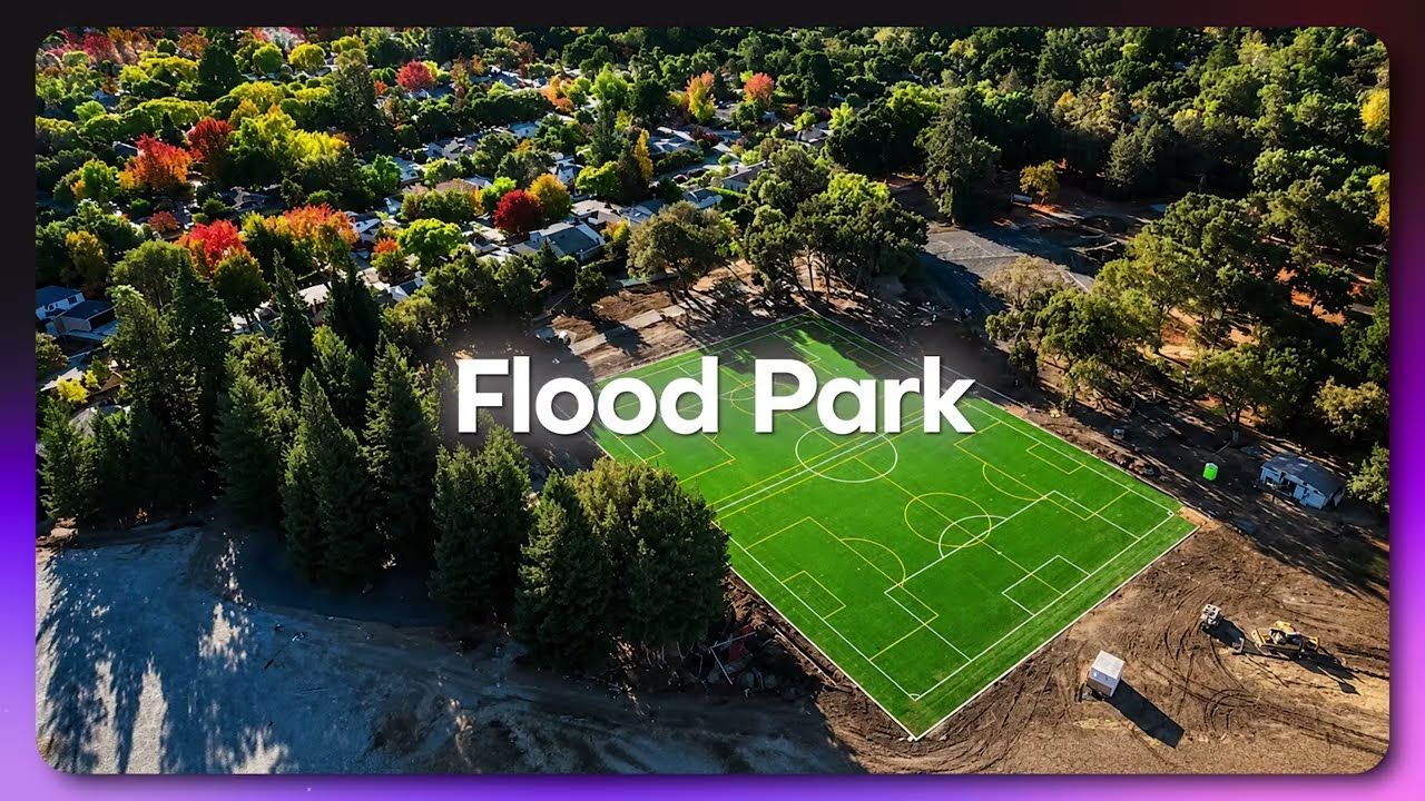 Aerial view of a park and athletic fields in Menlo Park, Silicon Valley