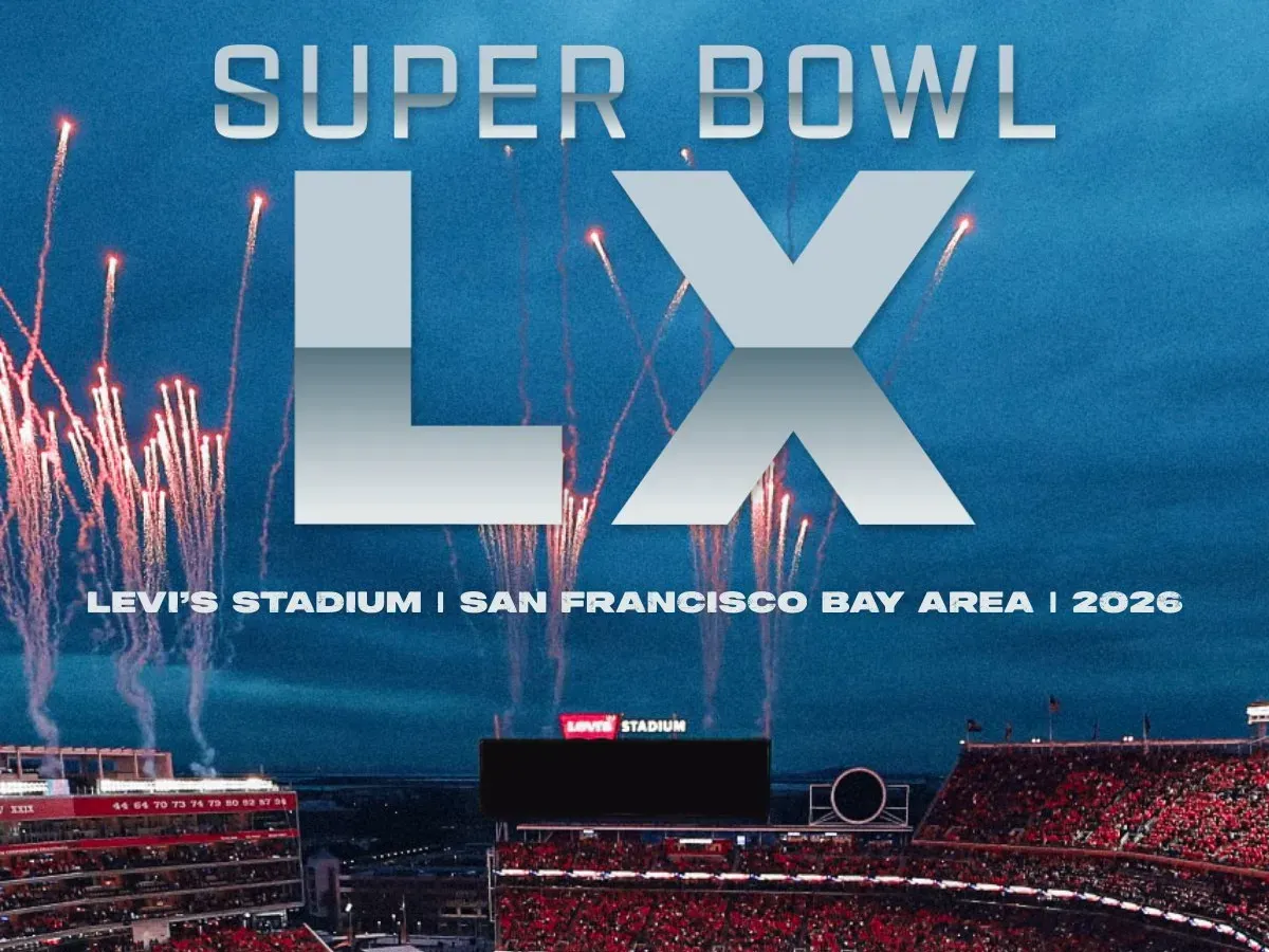 Super Bowl LX promo over stadium fireworks, with Levi’s Stadium, San Francisco Bay Area, 2026.