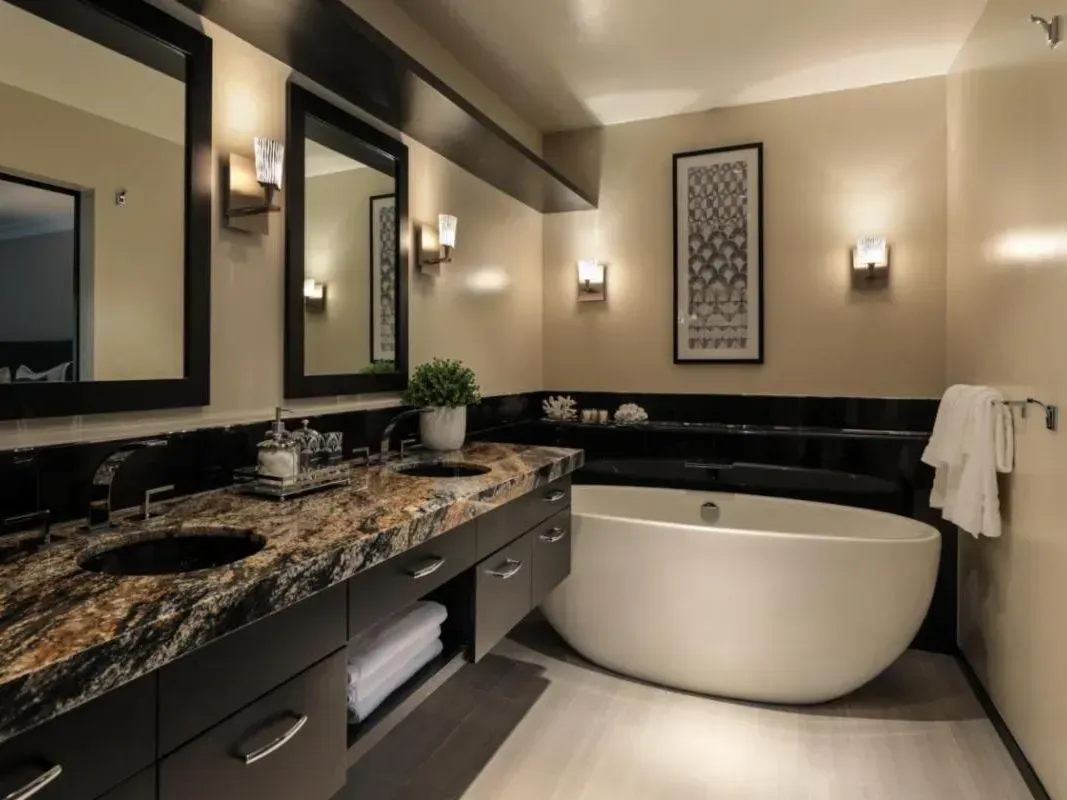 Modern bathroom with dark marble vanity, large mirror, wall sconces, and a freestanding oval tub