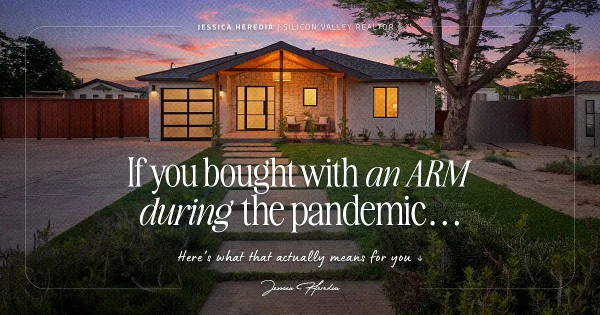 House exterior at dusk with warm lights and text about buying with an ARM during the pandemic
