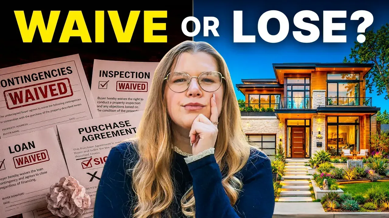 Woman in glasses before a house, with signs reading “Waived” and “Waive or Lose?”