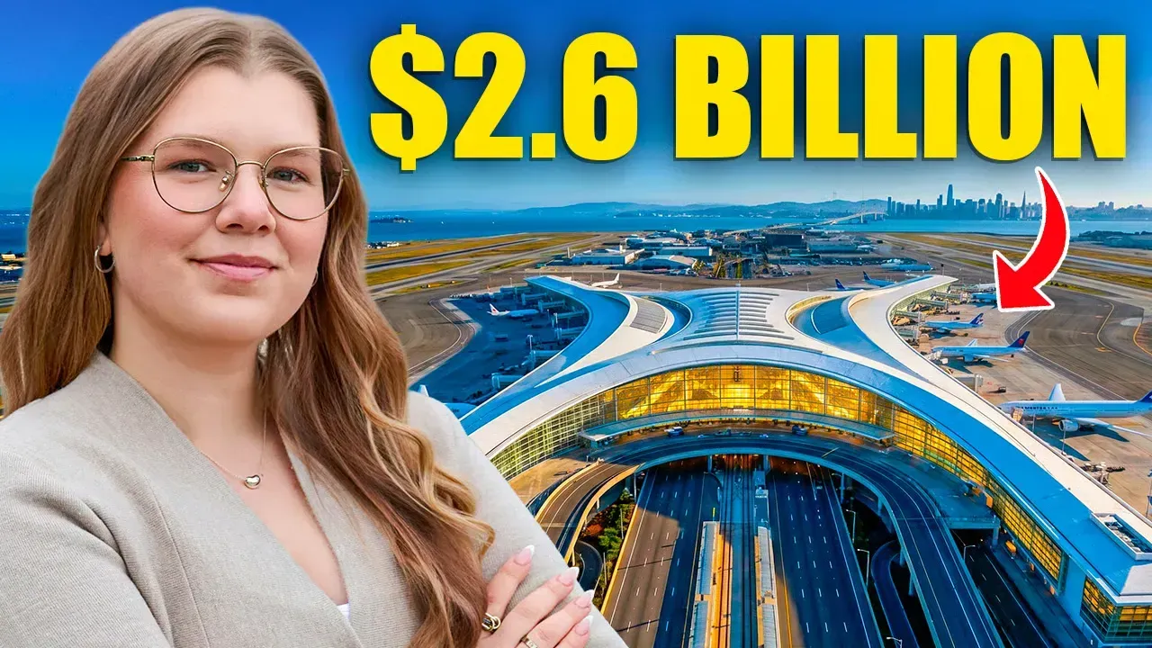 Woman beside $2.6 billion airport construction site with red arrow highlighting the project
