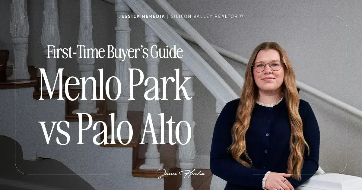 First-time buyers guide: Menlo Park vs Palo Alto with a woman in a dark blazer on stairs