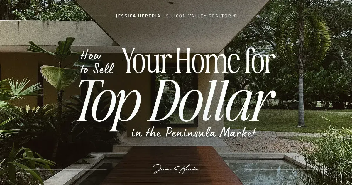 Luxury home exterior with pool and palm trees, overlaid with “Your Home for Top Dollar” text