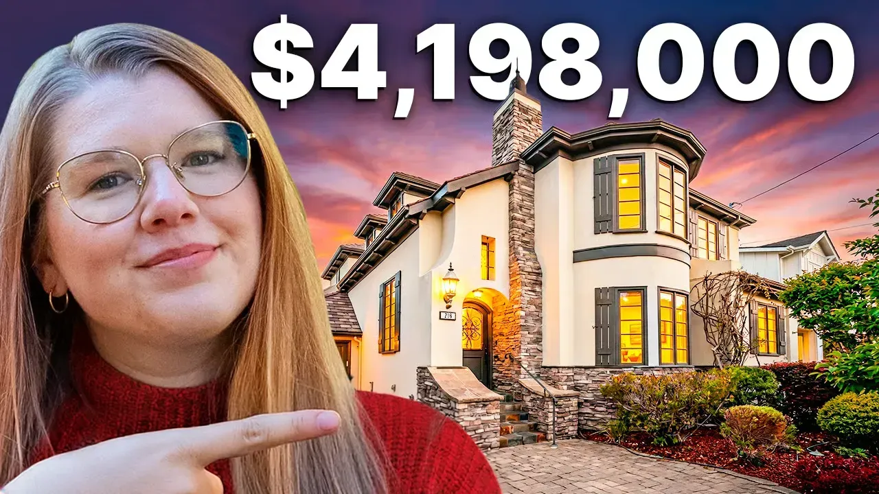 Woman pointing at a luxury house with “$4,198,000” overlaid against a sunset sky