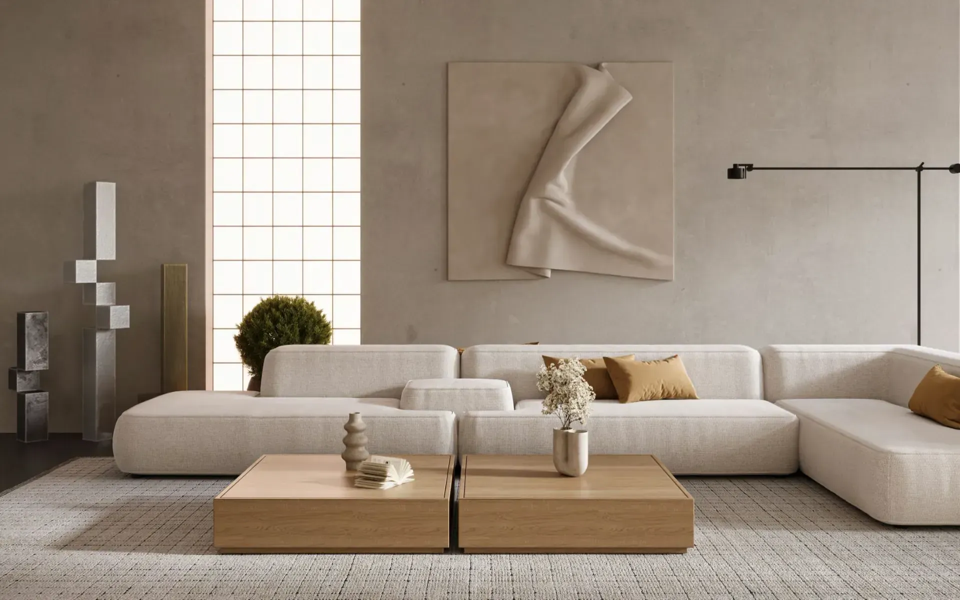 Modern minimalist living room with beige sectional sofa, wood coffee table, and abstract wall art