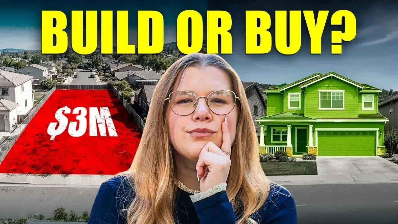 YouTube-style thumbnail with “BUILD OR BUY?” text, $3M house graphic, and a woman in front of homes