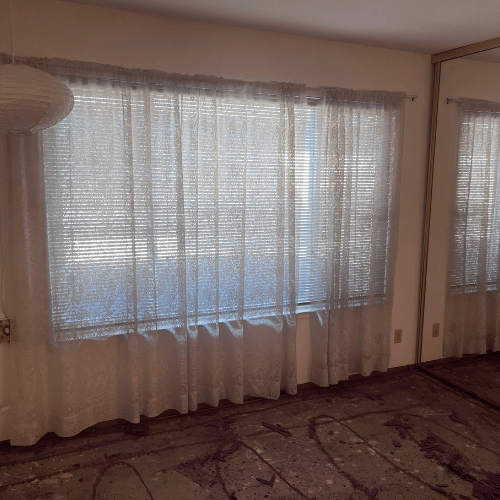Bright living room with white curtains, filtered daylight, and a patterned carpet.