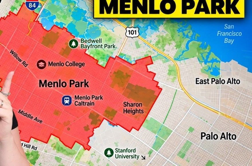 Map of Menlo Park, California neighborhoods between Redwood City, Palo Alto and Stanford