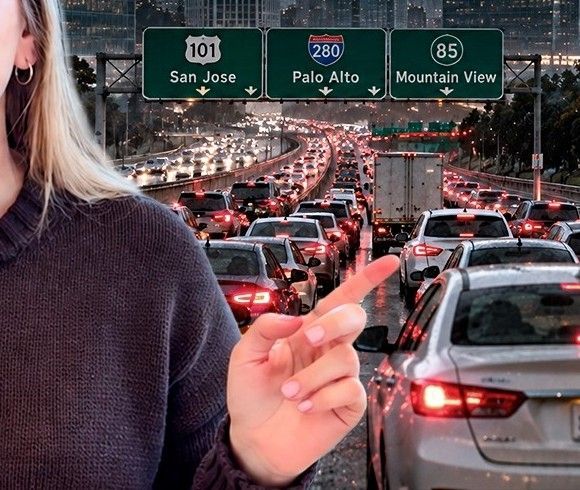 Highway traffic near Silicon Valley tech campuses in the San Francisco Bay Area