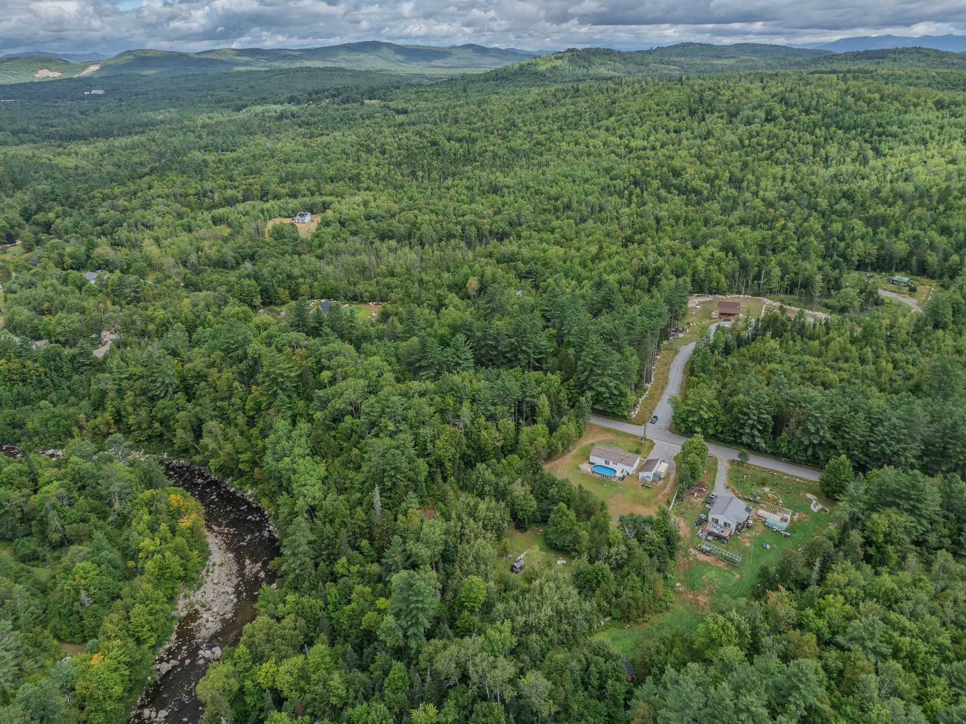 Aerial view of a lush green forest with a small river and a few houses on a road.