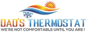 Dad's Thermostat logo with sunrise, rainbow waves, and snowflake; slogan: “We’re not comfortable until you are!”