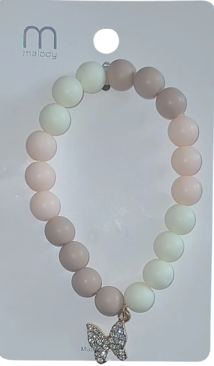 A bracelet with pink and white beads and a butterfly charm
