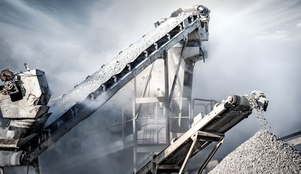 A Conveyor Belt Is Carrying A Pile Of Rocks In A Factory — Macquarie Valley Rock & Sand In Parkes, NSW