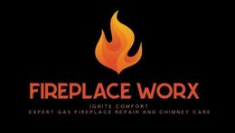 Fireplace Worx logo with orange flame on black background and tagline for fireplace repair and chimney care