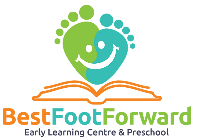 BestFootForward Early Learning Centre & Preschool logo with green and teal smiling footprints over an orange book