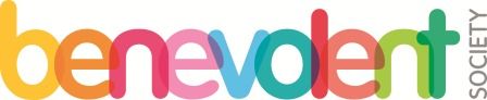 Benevolent Society logo with overlapping, colorful letters, 