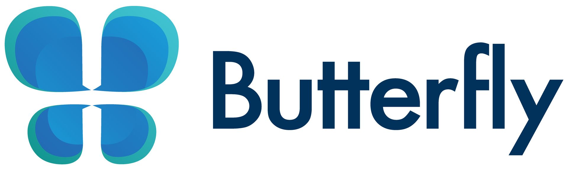 Butterfly logo with blue abstract butterfly icon and the word 