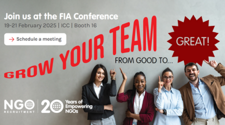 Conference advertisement: Group of people smiling, text “Grow Your Team” and “Great!”, FIA Conference, February 2025.
