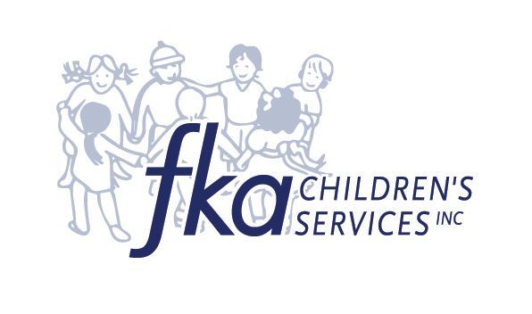 Logo for FKA Children's Services, Inc.: Blue text with outline of children. One child is being carried.