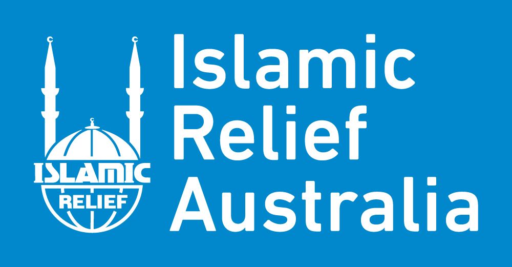 Islamic Relief Australia logo: white mosque silhouette and text on blue background.