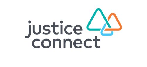 Logo for Justice Connect: Text and interlocking teal, orange, and blue triangles.