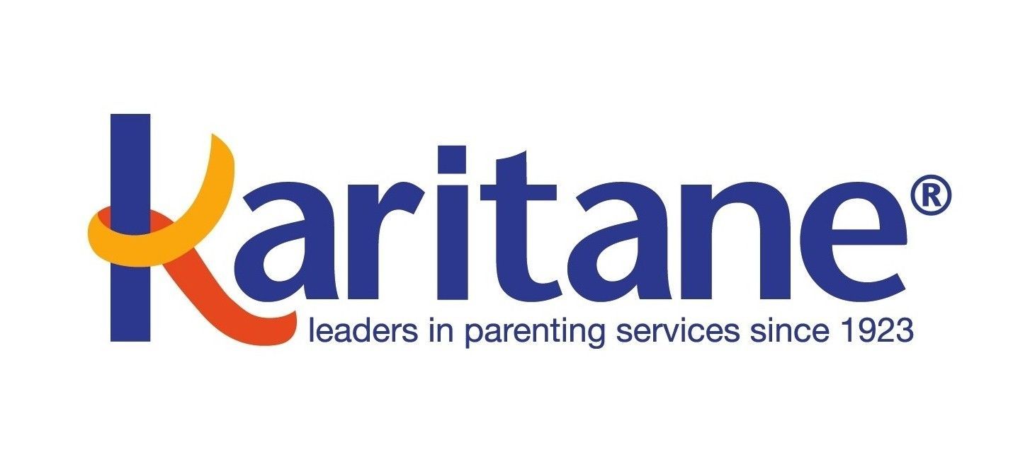 Karitane logo: blue text with orange and yellow swirl, 