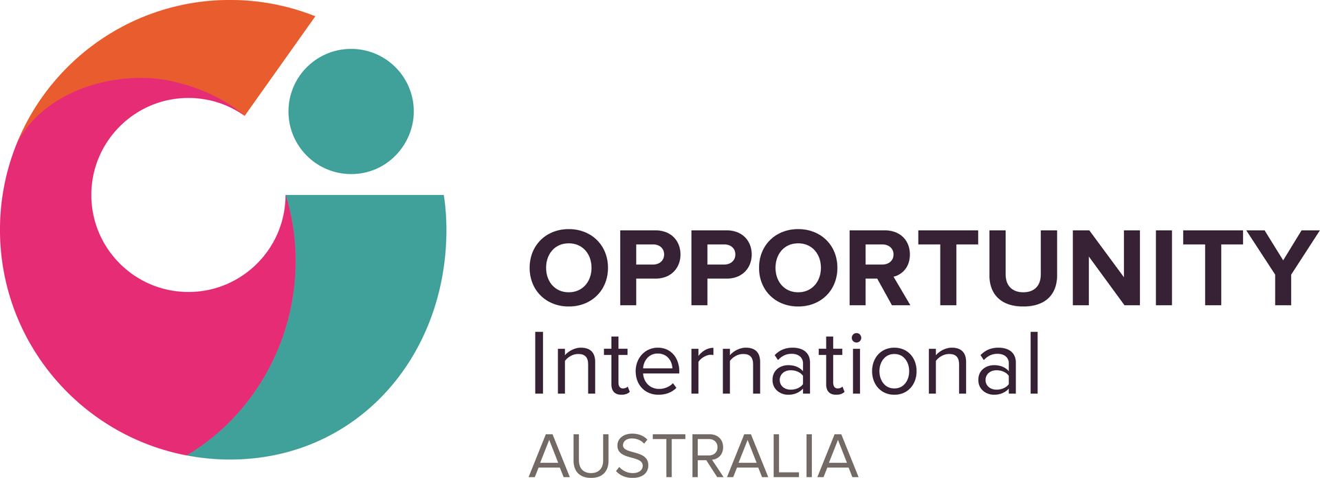 Opportunity International Australia logo: circular design in pink, teal, and orange with an abstract person icon.